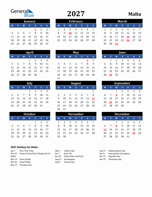 2027 Malta Holiday Calendar