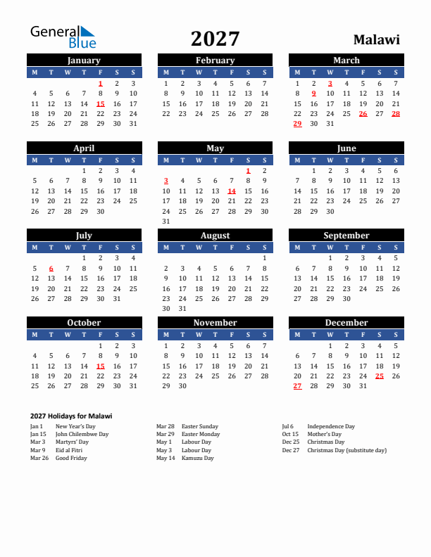 2027 Malawi Holiday Calendar