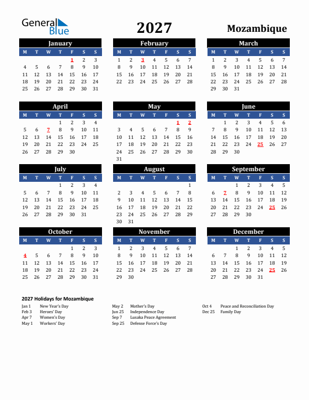 2027 Mozambique Holiday Calendar
