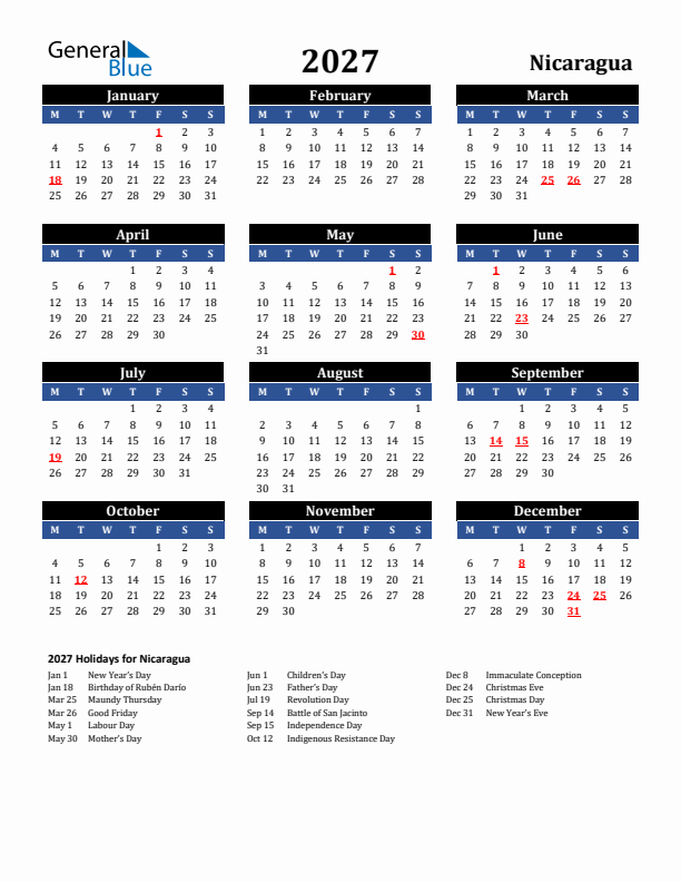 2027 Nicaragua Holiday Calendar