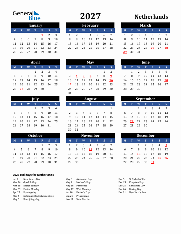 2027 The Netherlands Holiday Calendar