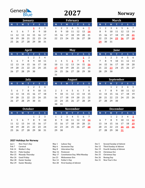 2027 Norway Holiday Calendar