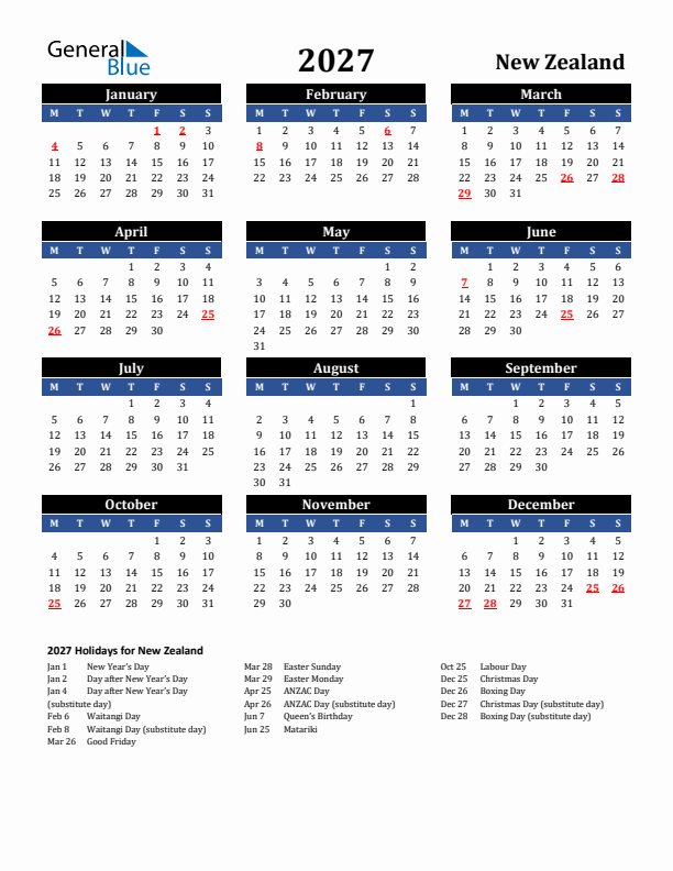 2027 New Zealand Holiday Calendar