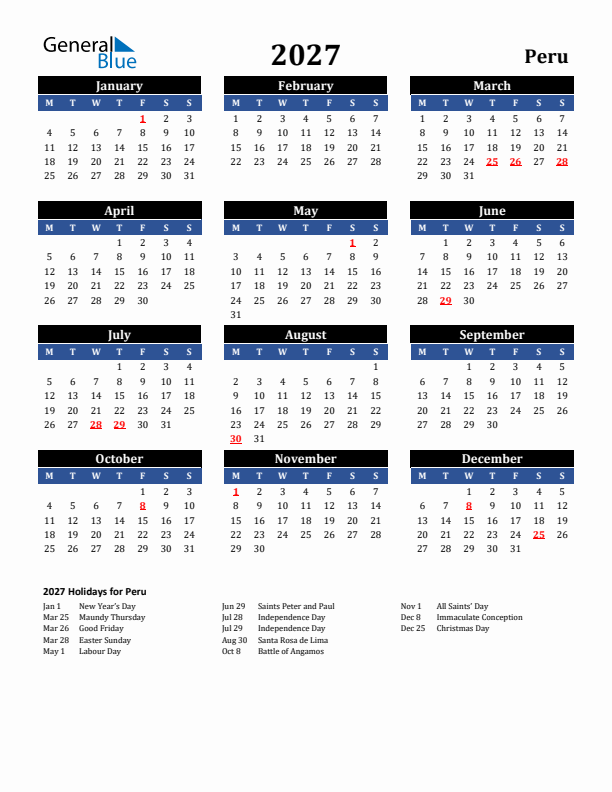 2027 Peru Holiday Calendar