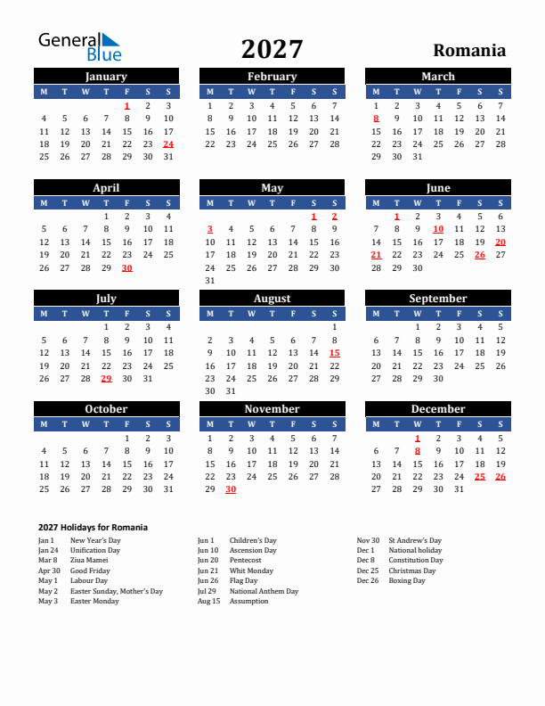 2027 Romania Holiday Calendar