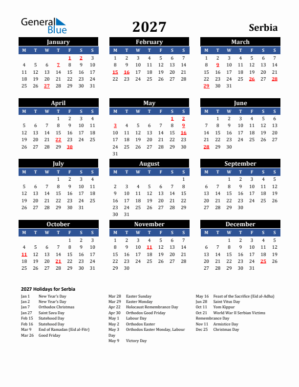 2027 Serbia Holiday Calendar