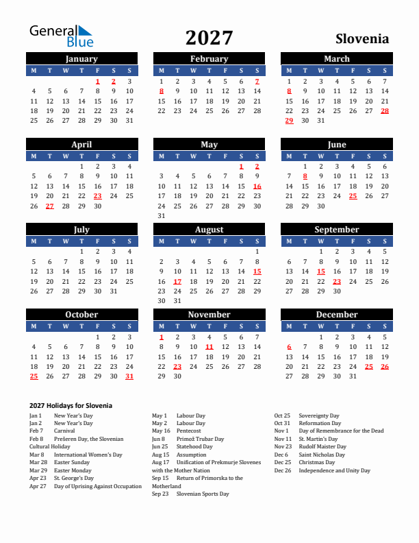 2027 Slovenia Holiday Calendar