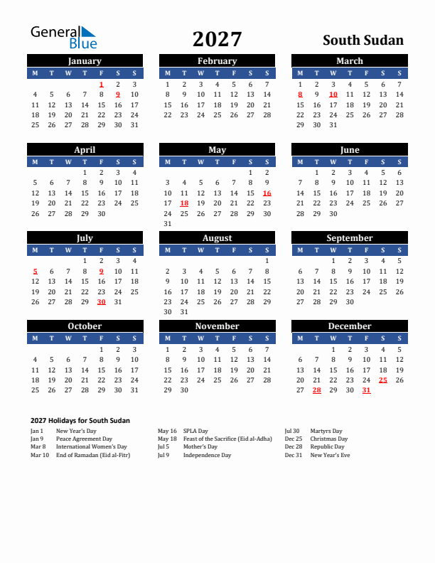 2027 South Sudan Holiday Calendar