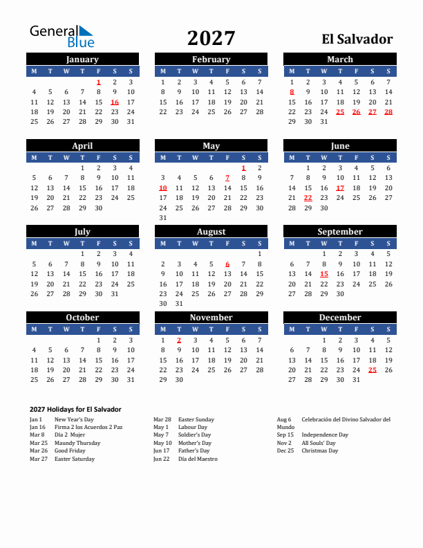 2027 El Salvador Holiday Calendar