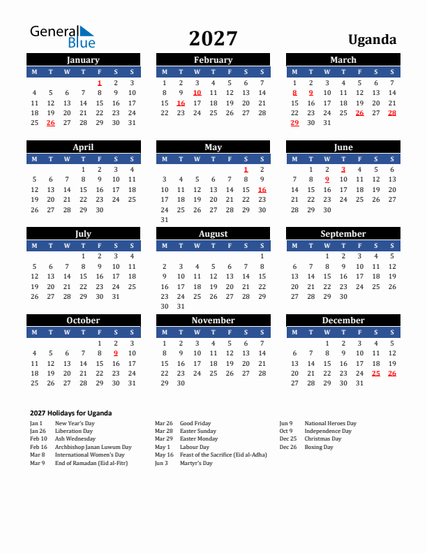2027 Uganda Holiday Calendar