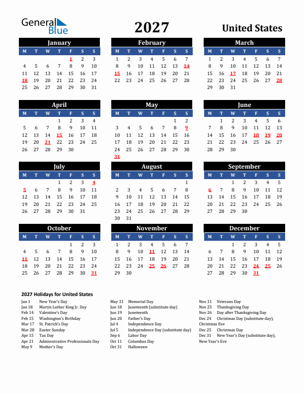 2027 United States Holiday Calendar