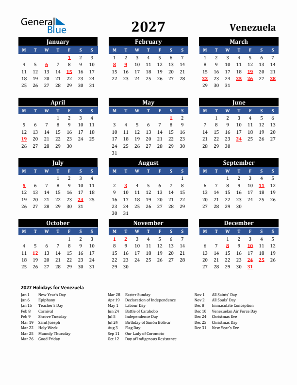 2027 Venezuela Holiday Calendar