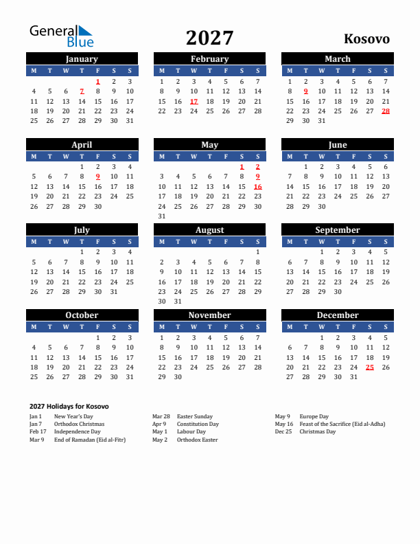 2027 Kosovo Holiday Calendar