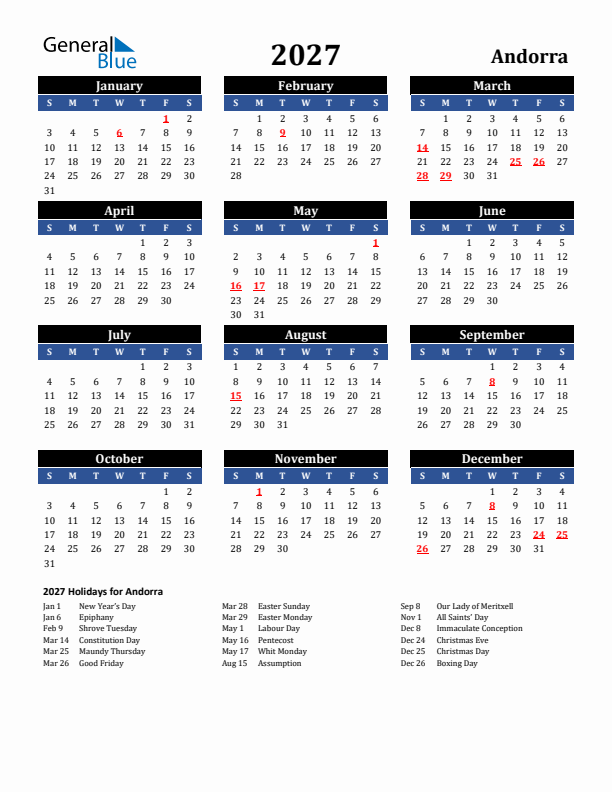 2027 Andorra Holiday Calendar