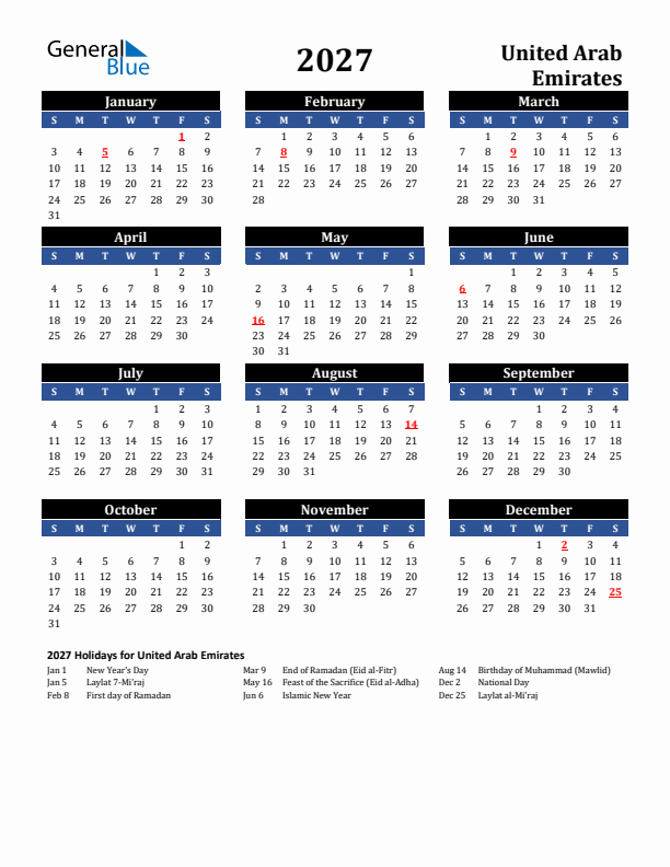 2027 United Arab Emirates Holiday Calendar