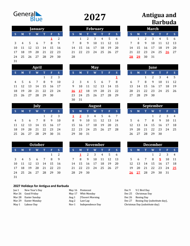 2027 Antigua and Barbuda Holiday Calendar