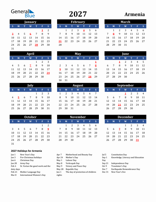 2027 Armenia Holiday Calendar