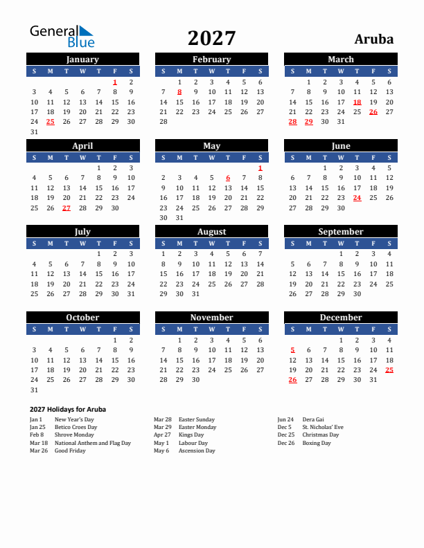 2027 Aruba Holiday Calendar