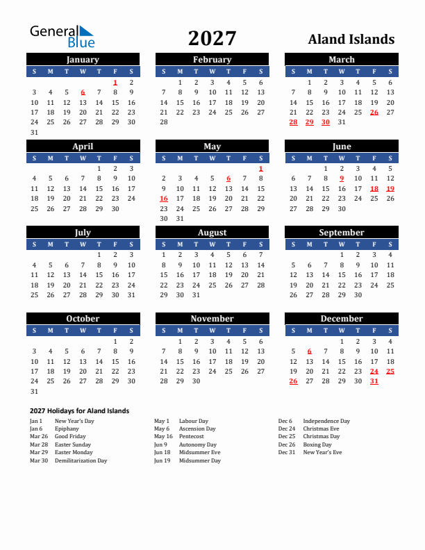2027 Aland Islands Holiday Calendar