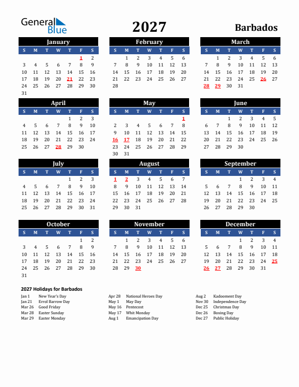 2027 Barbados Holiday Calendar