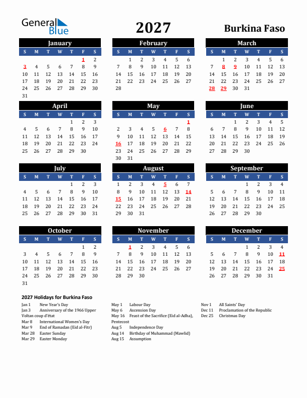 2027 Burkina Faso Holiday Calendar