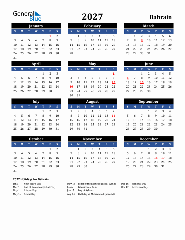 2027 Bahrain Holiday Calendar