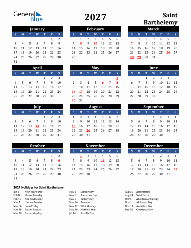 2027 Saint Barthelemy Holiday Calendar