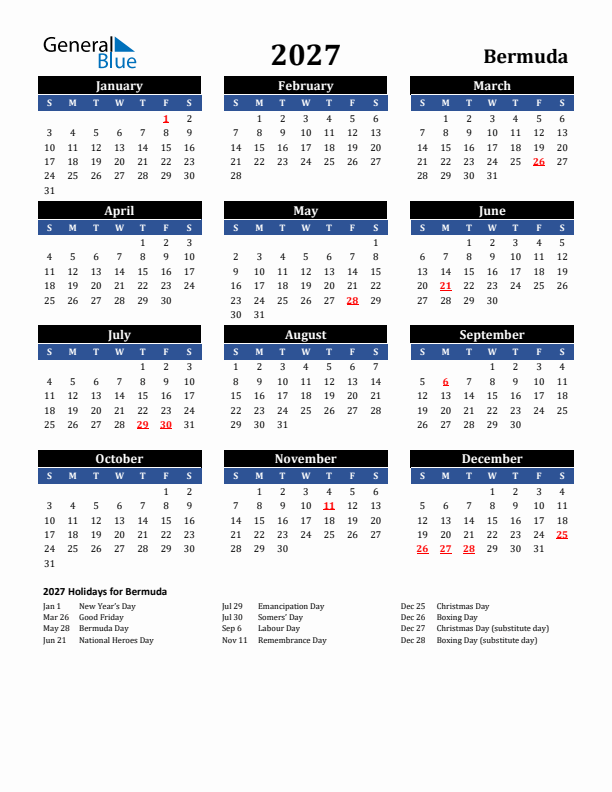 2027 Bermuda Holiday Calendar