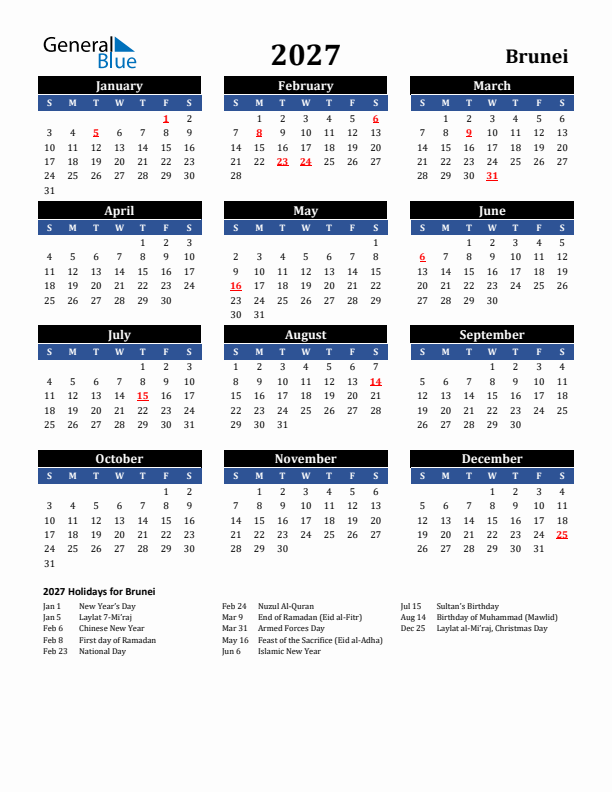 2027 Brunei Holiday Calendar