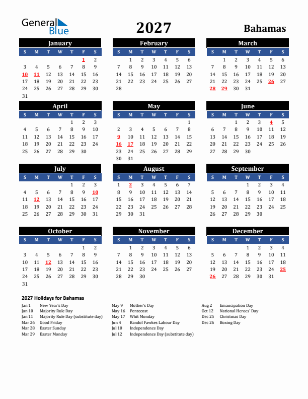 2027 Bahamas Holiday Calendar