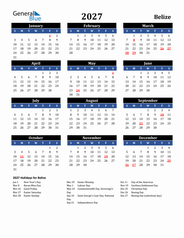 2027 Belize Holiday Calendar