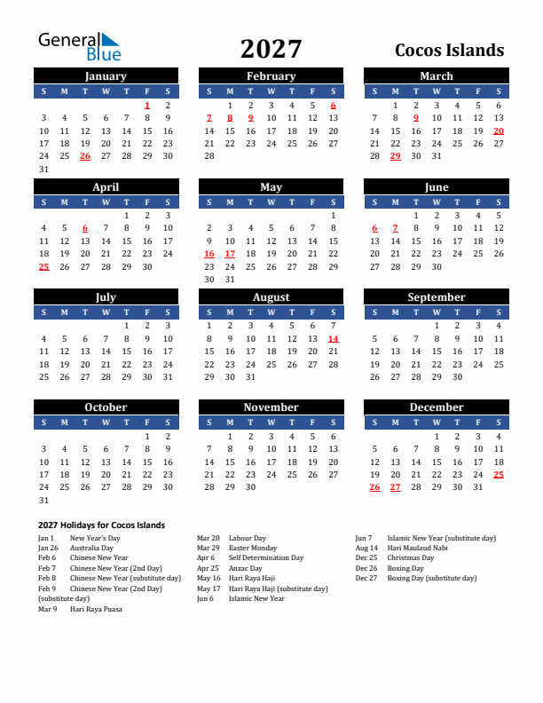 2027 Cocos Islands Holiday Calendar