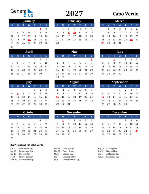 2027 Cabo Verde Holiday Calendar