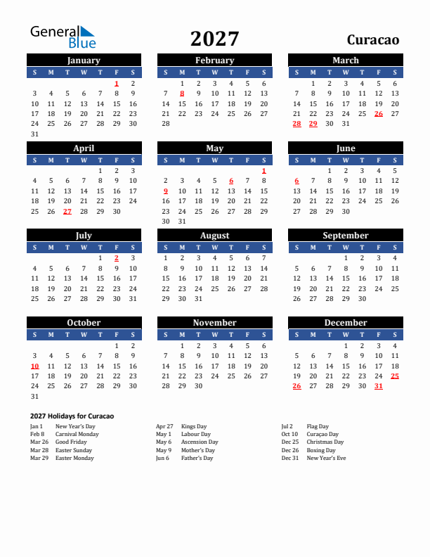 2027 Curacao Holiday Calendar