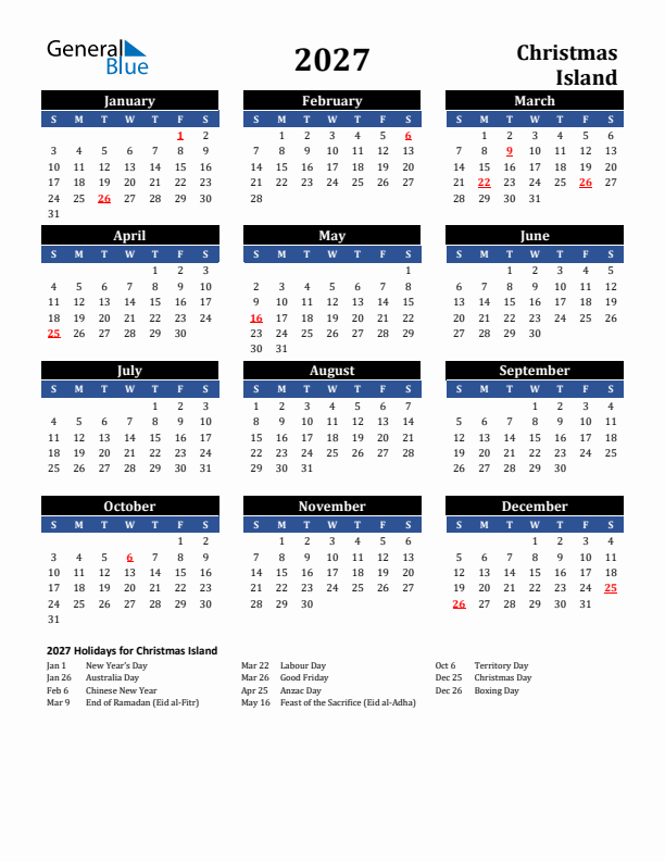 2027 Christmas Island Holiday Calendar