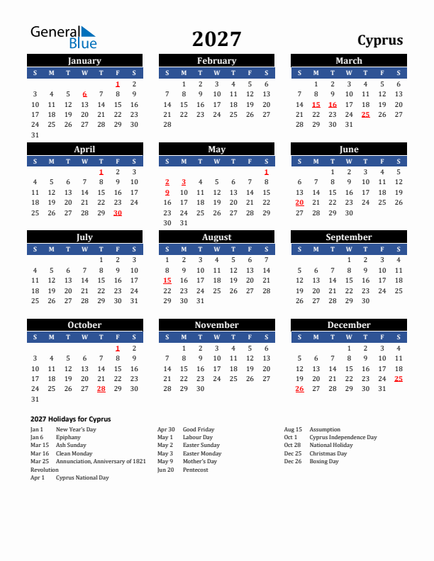 2027 Cyprus Holiday Calendar