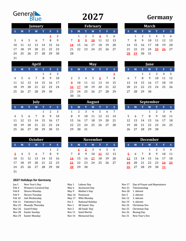 2027 Germany Holiday Calendar