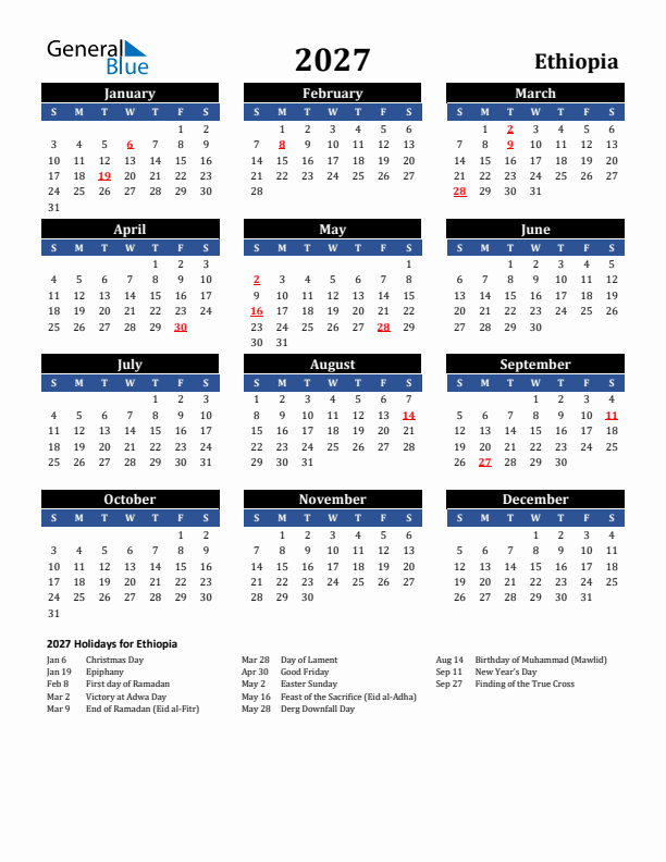 2027 Ethiopia Holiday Calendar