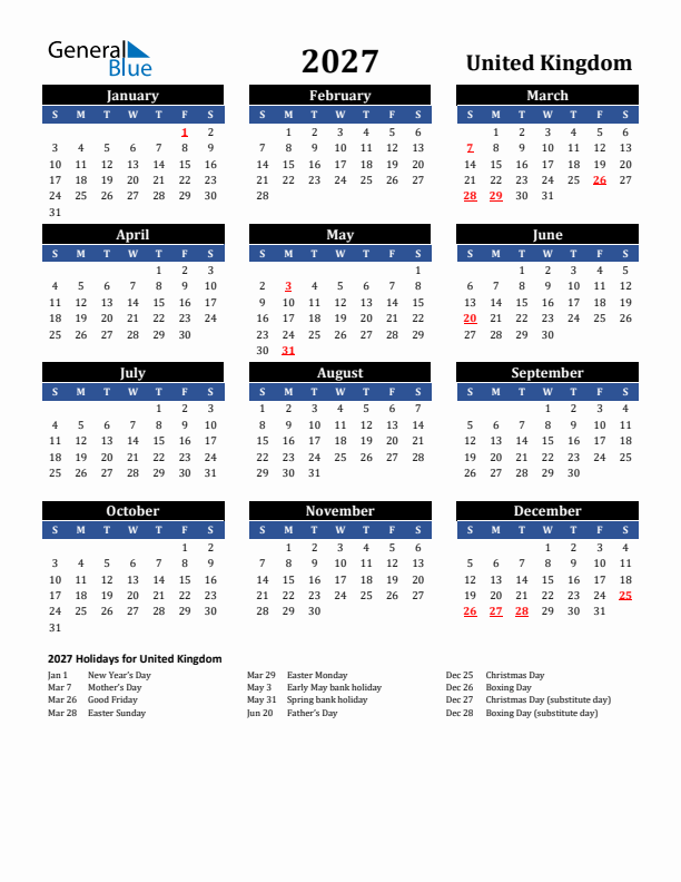 2027 United Kingdom Holiday Calendar