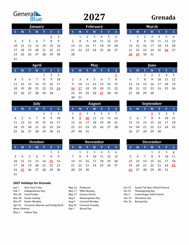 2027 Grenada Holiday Calendar