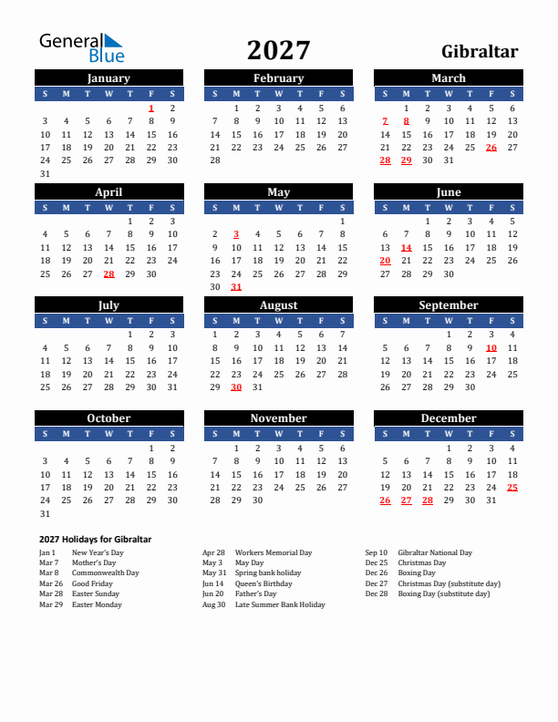 2027 Gibraltar Holiday Calendar