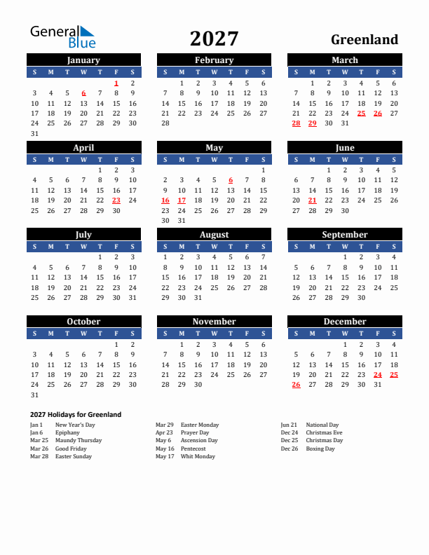 2027 Greenland Holiday Calendar