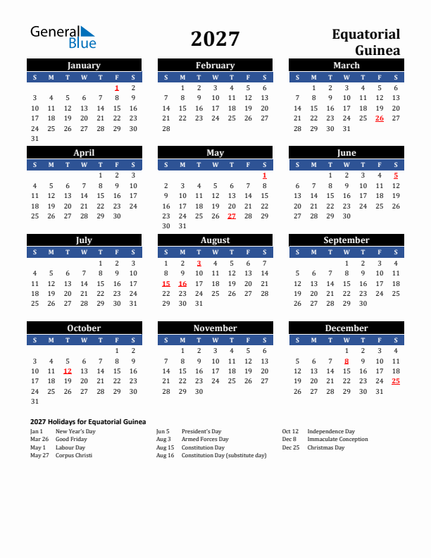 2027 Equatorial Guinea Holiday Calendar