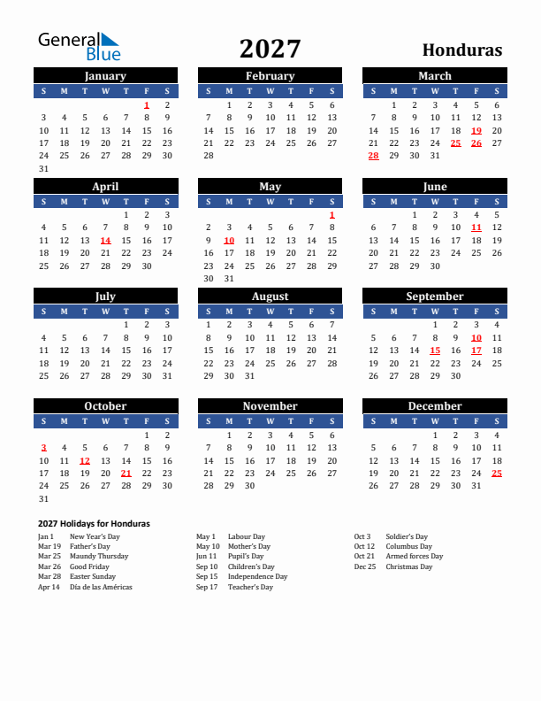 2027 Honduras Holiday Calendar