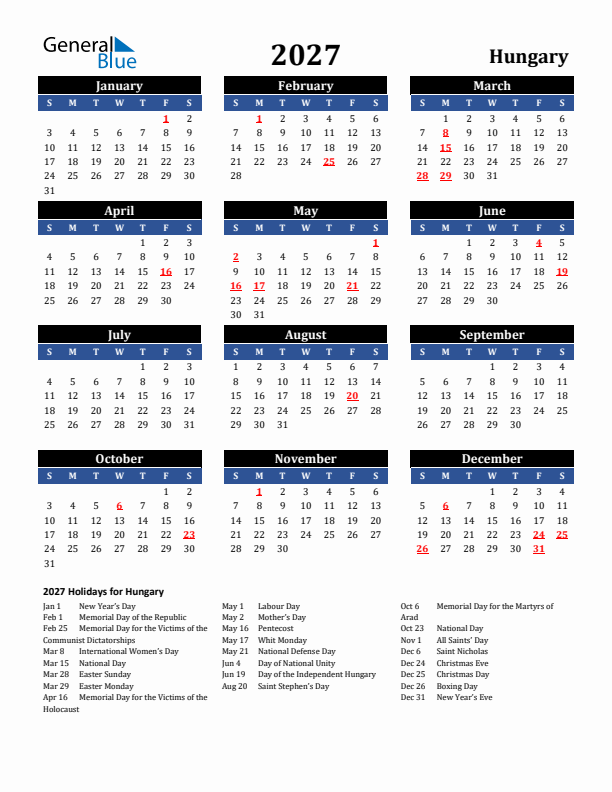2027 Hungary Holiday Calendar