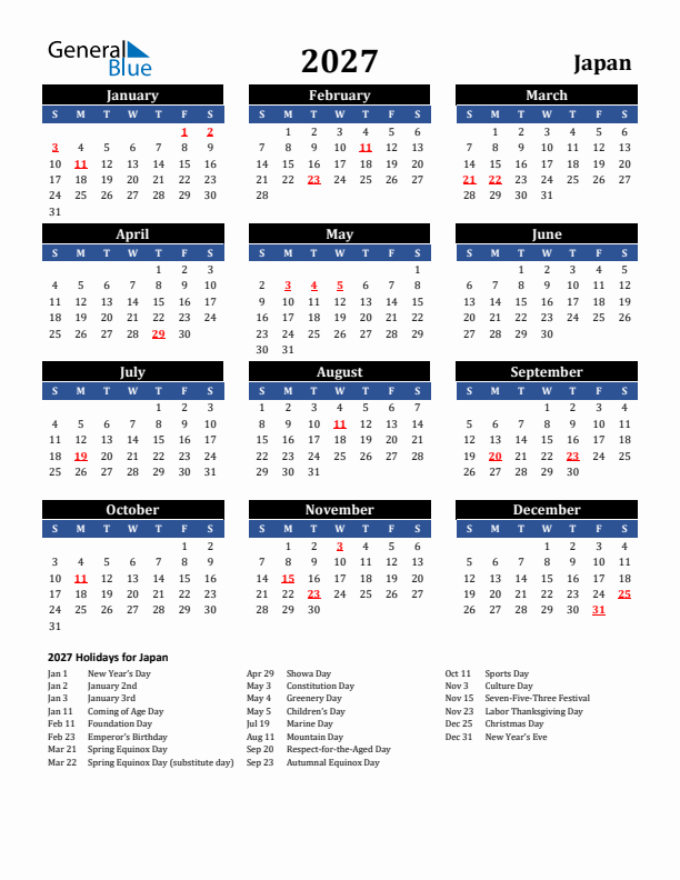 2027 Japan Holiday Calendar
