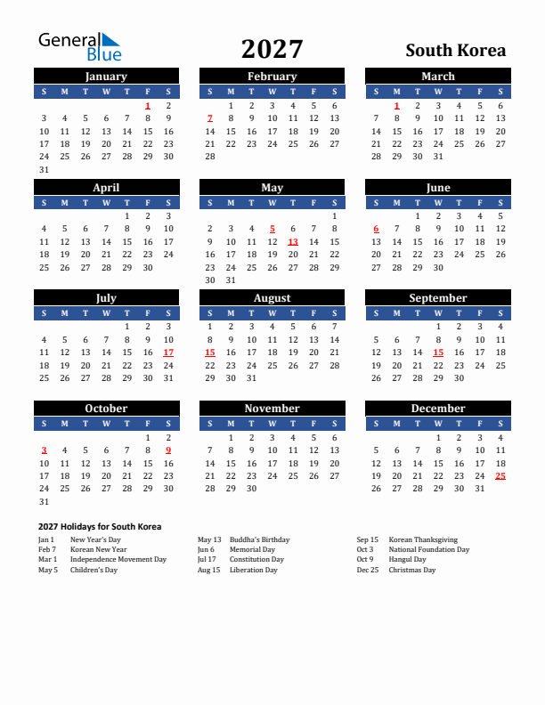 2027 South Korea Holiday Calendar