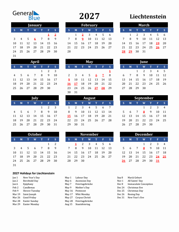 2027 Liechtenstein Holiday Calendar