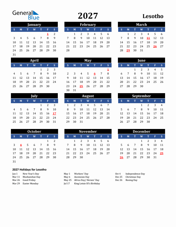 2027 Lesotho Holiday Calendar