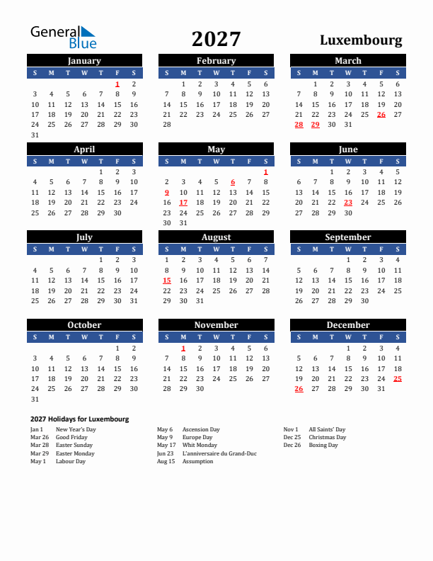 2027 Luxembourg Holiday Calendar
